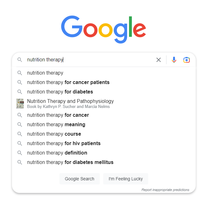 Captura de tela das sugestões de pesquisa do Google para terapia nutricional