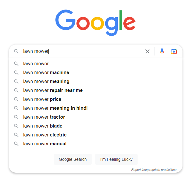 Captura de tela das sugestões de pesquisa do Google para cortadores de grama