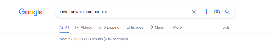 Captura de tela do número de resultados de pesquisa para manutenção de cortadores de grama no Google.