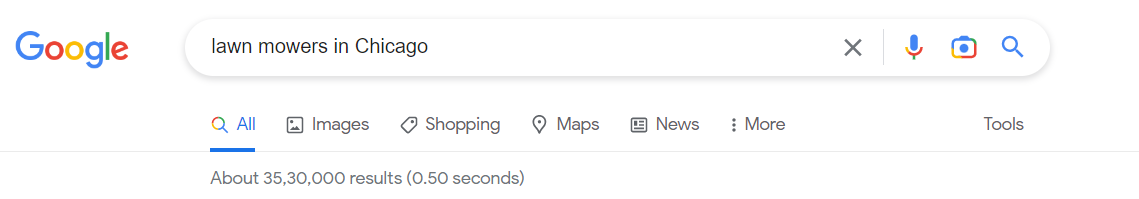 Captura de tela do número de resultados de pesquisa para um cortador de grama em Chicago no Google.