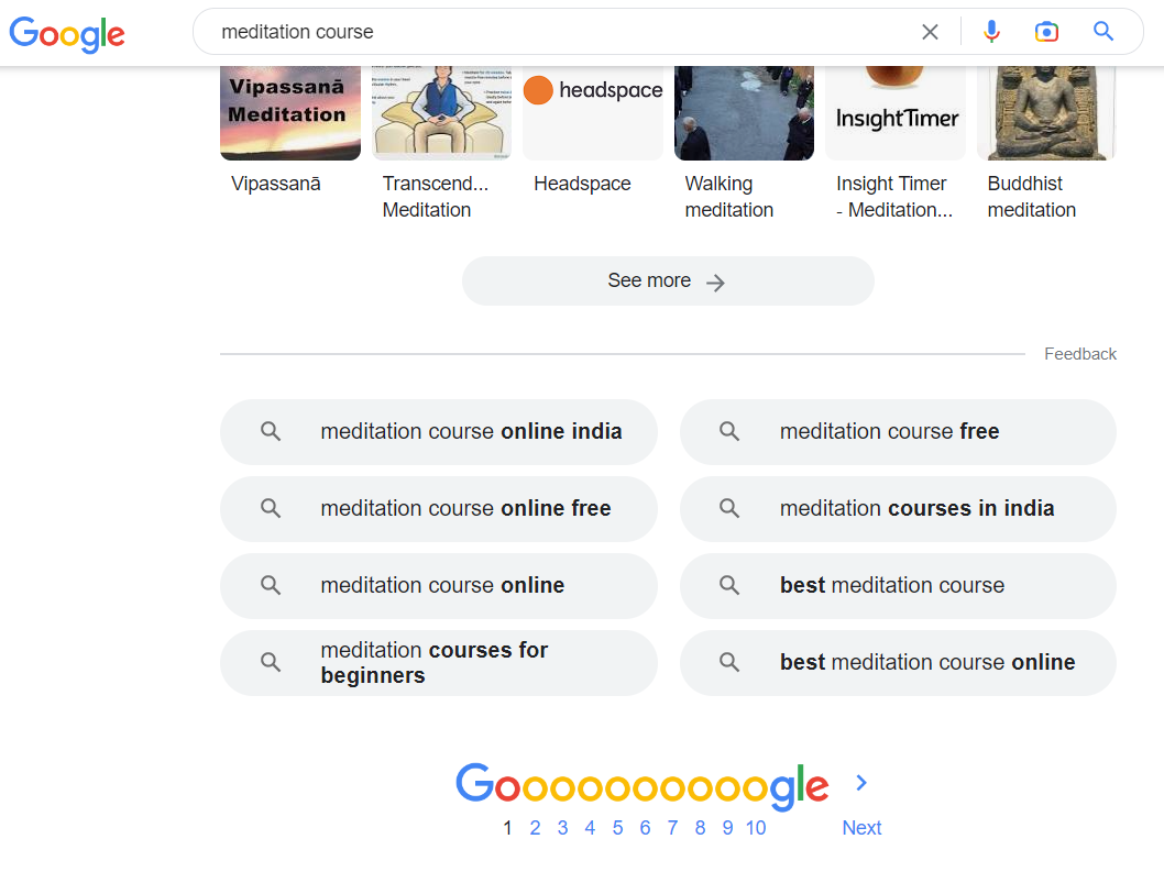 Captura de tela do curso de meditação Seção de pesquisas relacionadas do Google