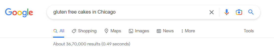 Captura de tela do número de resultados de pesquisa de bolos sem glúten em Chicago no Google.