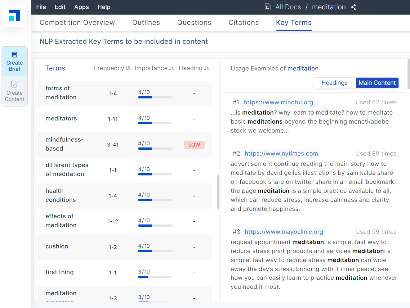 Captura de tela dos termos-chave do relatório Scalenut SEO Docs