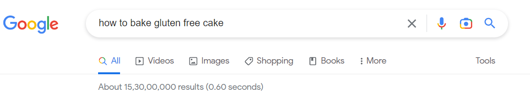 Captura de tela do número de resultados de pesquisa sobre como assar um bolo sem glúten no Google.