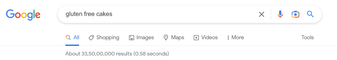 Captura de tela do número de resultados de pesquisa de bolos sem glúten no Google.