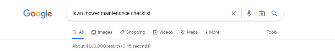 Captura de tela do número de resultados de pesquisa para a lista de verificação de manutenção do cortador de grama no Google.