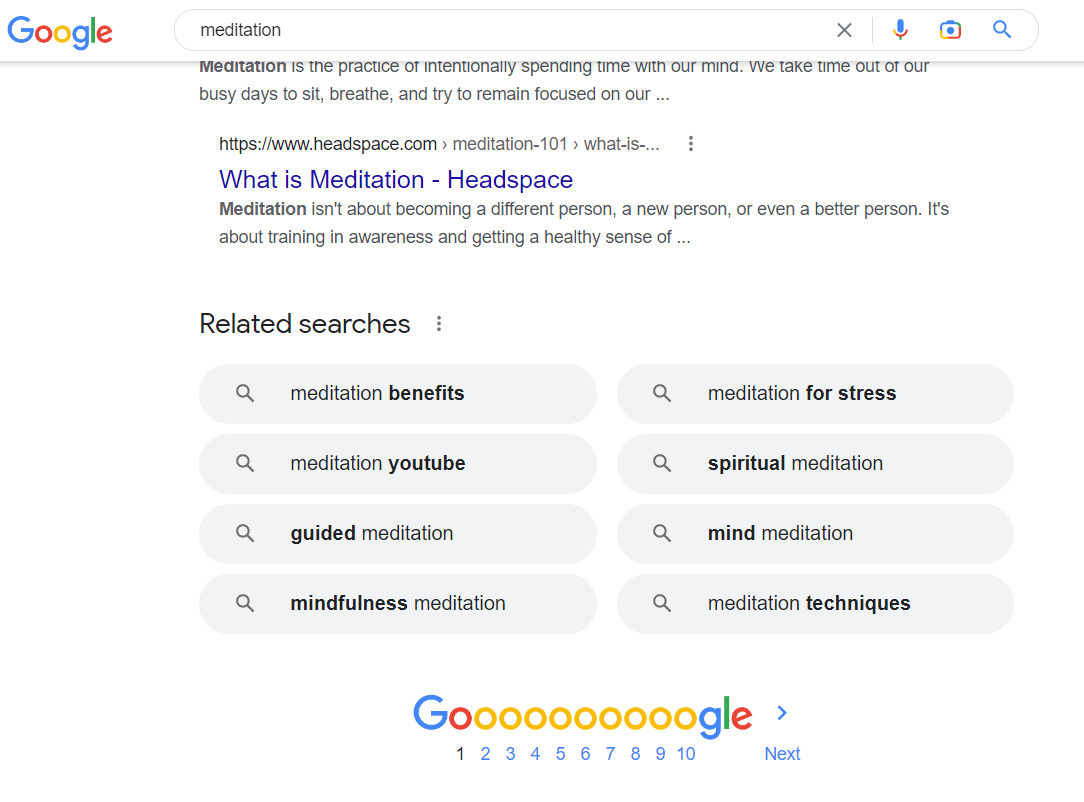 Captura de tela da seção de pesquisas relacionadas ao Google de meditação