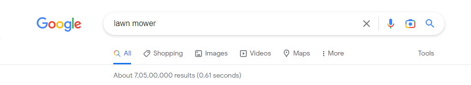 Captura de tela do número de resultados de pesquisa para um cortador de grama no Google.