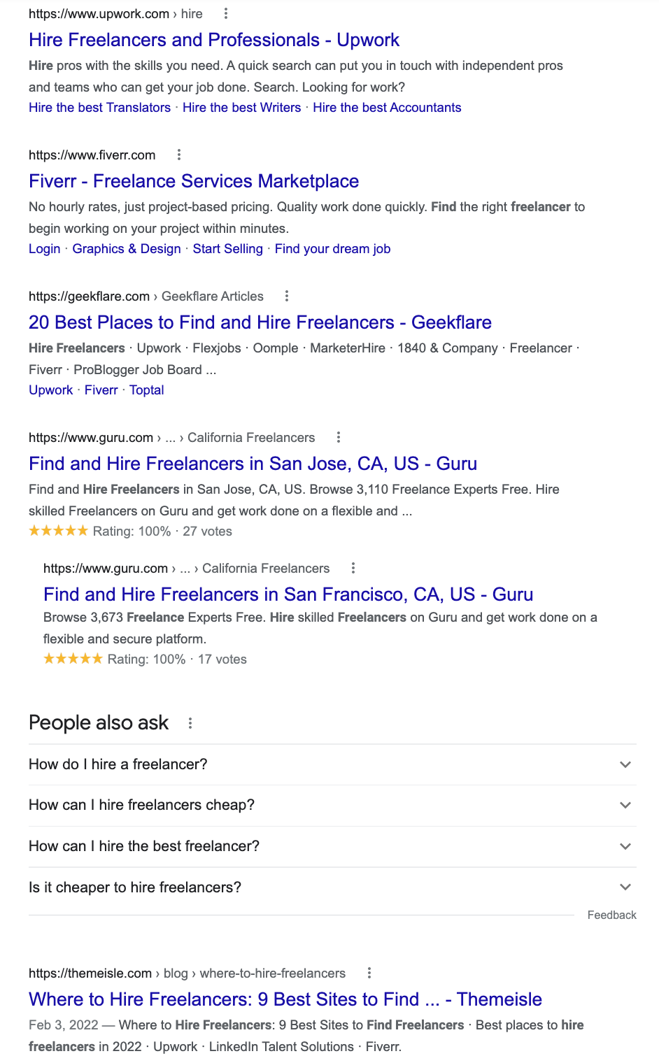 Google での検索クエリ「hire freelancers」のスクリーンショット