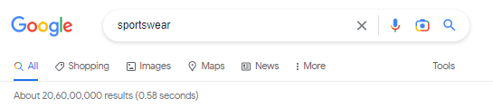 Captura de pantalla del número de resultados de búsqueda de Google para ropa deportiva