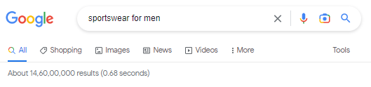 Captura de pantalla del número de resultados de búsqueda de Google para ropa deportiva para hombres