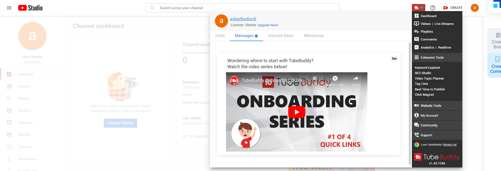 Скриншот панели быстрого доступа расширения Tubebuddy для Chrome