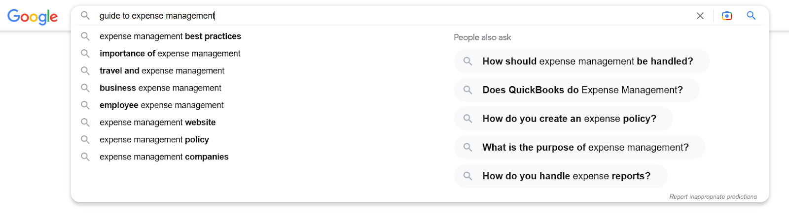 経費管理ガイドの Google 検索バーの提案のスクリーンショット
