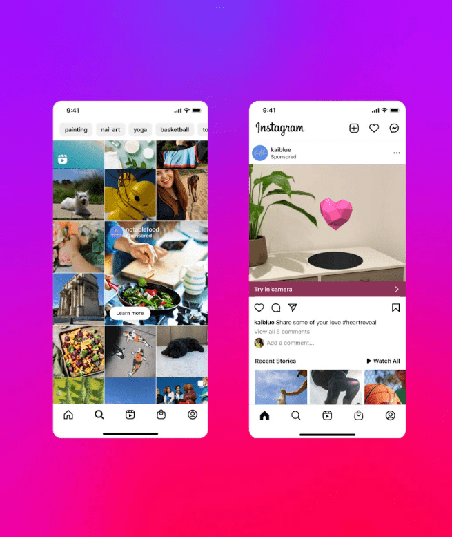 Instagram の探索広告と AR 広告を示す画像