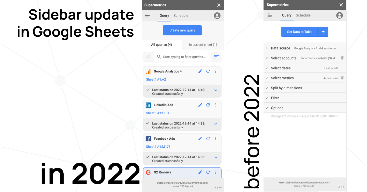 La barre latérale Google Sheets Supermetrics change