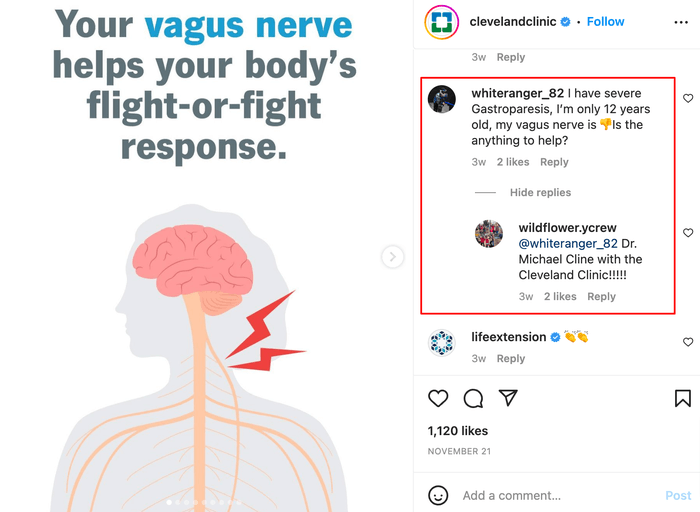 Publicación en redes sociales de Cleveland Clinic sobre atención médica