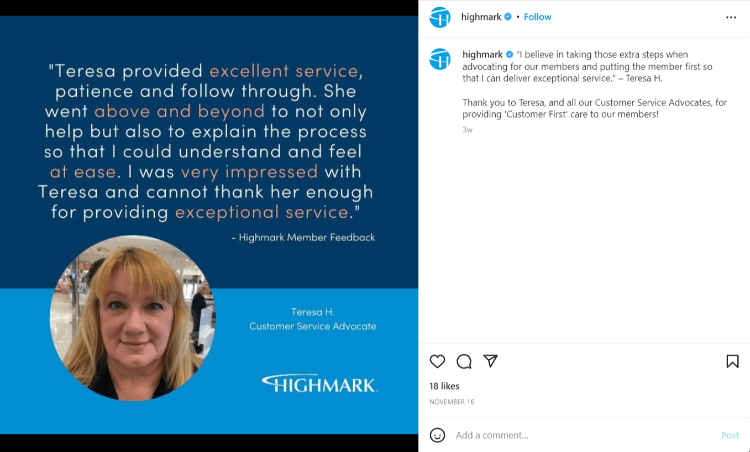 Publicación en las redes sociales de Highmark sobre el personal de atención médica