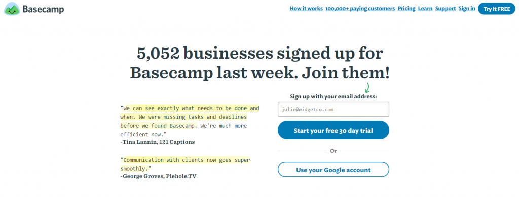 Best post-click landing page Examples Basecamp