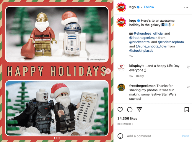 Una captura de pantalla de las publicaciones de Instagram de temporada de Lego