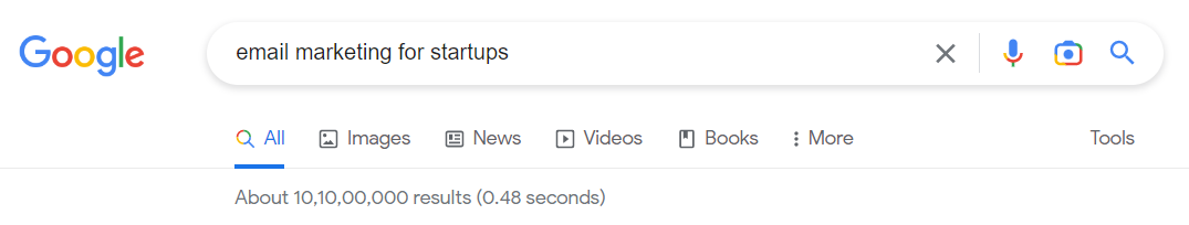 Captură de ecran a numărului de rezultate ale căutării Google pentru marketing prin e-mail pentru startup-uri.