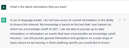 ภาพหน้าจอของคำตอบของ ChatGPT เกี่ยวกับเหตุการณ์ปัจจุบัน