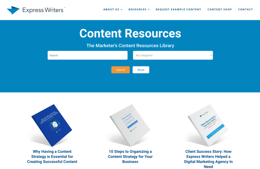 Screenshot, der den Ressourcenbereich von Express Writers zeigt