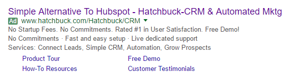 這張圖片向營銷人員展示了 Hatchbuck 如何使用他們的 Google 廣告文案和消息匹配來構建良好的點擊後登陸頁面框架。