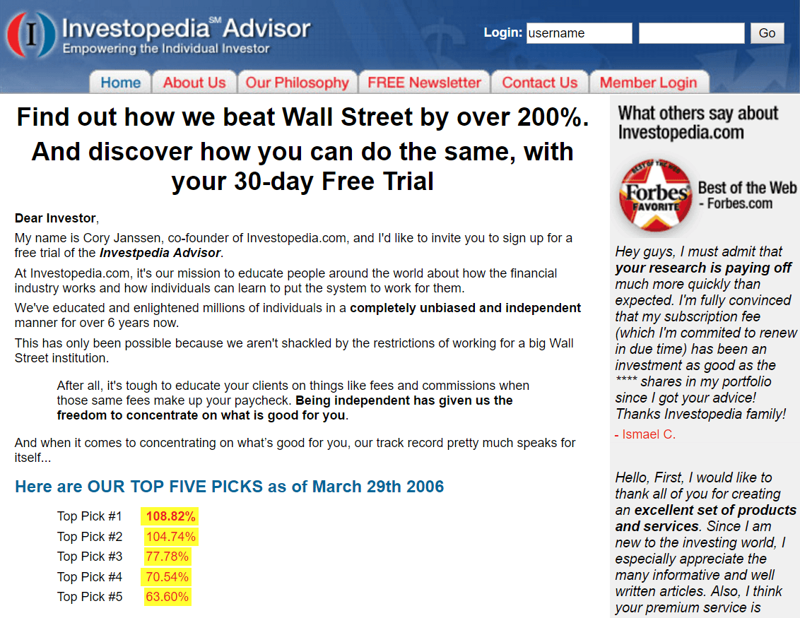 Această imagine arată specialiștilor în marketing cum Investopedia a folosit testarea multivariată pe pagina de destinație lungă post-clic pentru a-și crește rata de conversie.