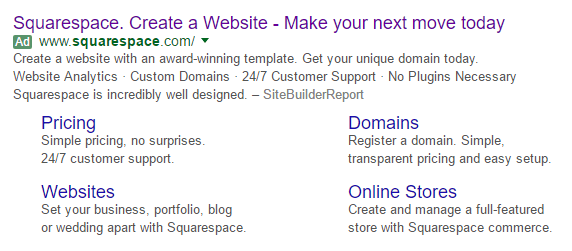 Esta imagen muestra a los especialistas en marketing cómo Squarespace usa Google Ads para generar tráfico en el sitio web en lugar de conectar el anuncio a una página de destino posterior al clic.