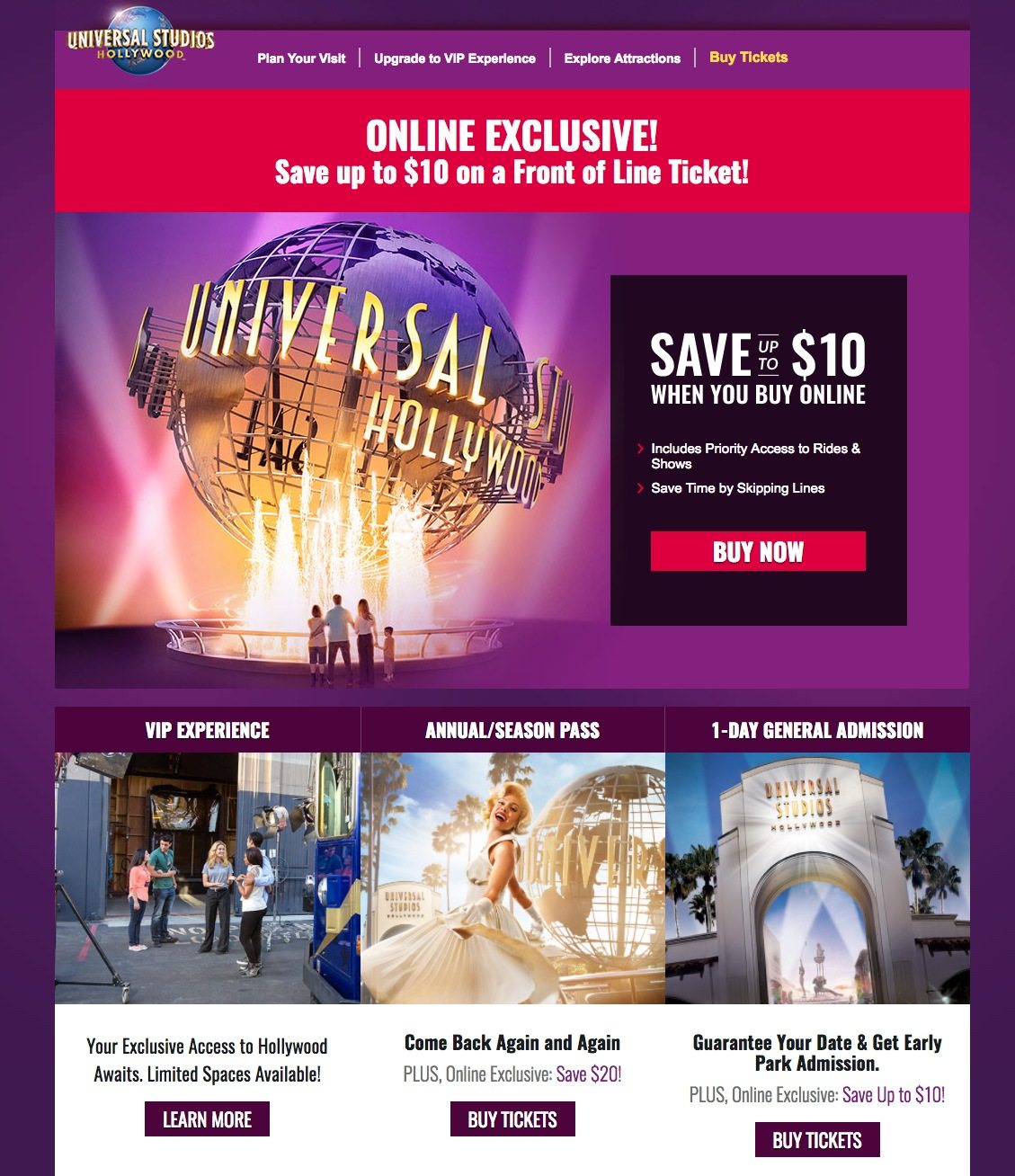 Esta imagen muestra a los especialistas en marketing cómo Universal Studios Hollywood utiliza una página de destino posterior al clic de viaje para promocionar precios con descuento en boletos para prospectos interesados.