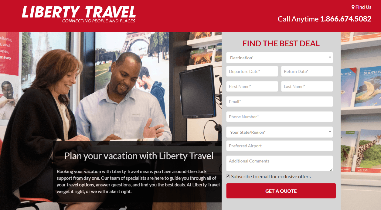 Esta imagen muestra a los especialistas en marketing cómo Liberty Travel utiliza una página de destino posterior al clic de viaje para generar clientes potenciales al ofrecer cotizaciones gratuitas de seguros de viaje.