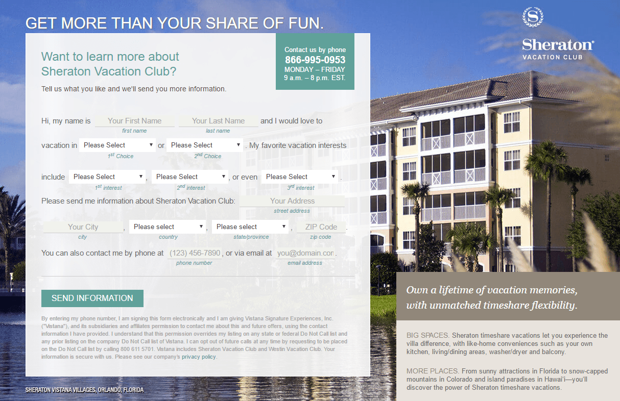 Esta imagen muestra a los especialistas en marketing cómo Sheraton utiliza una página de destino posterior al clic de viajes para capturar direcciones de correo electrónico mientras promociona vacaciones de tiempo compartido en todo el mundo.