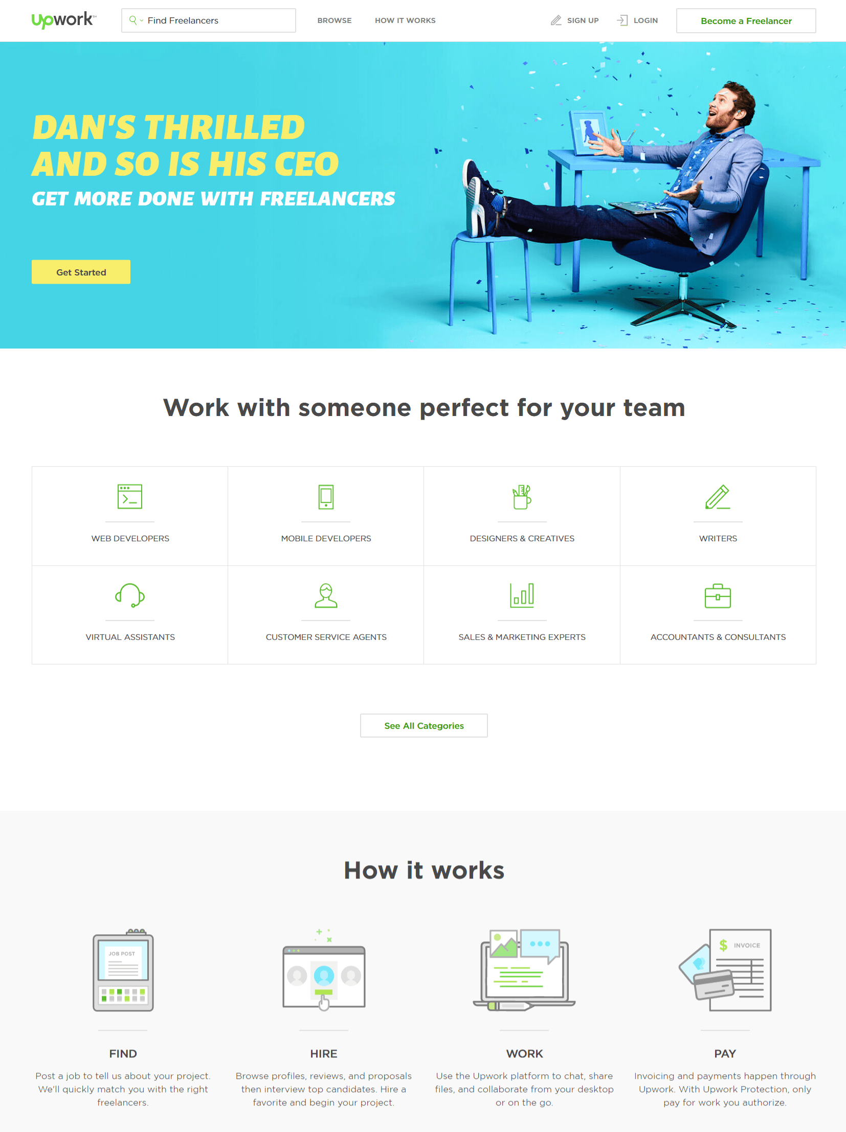 这张照片向营销人员展示了 Upwork 如何在其网站主页上创建良好的视觉层次结构。