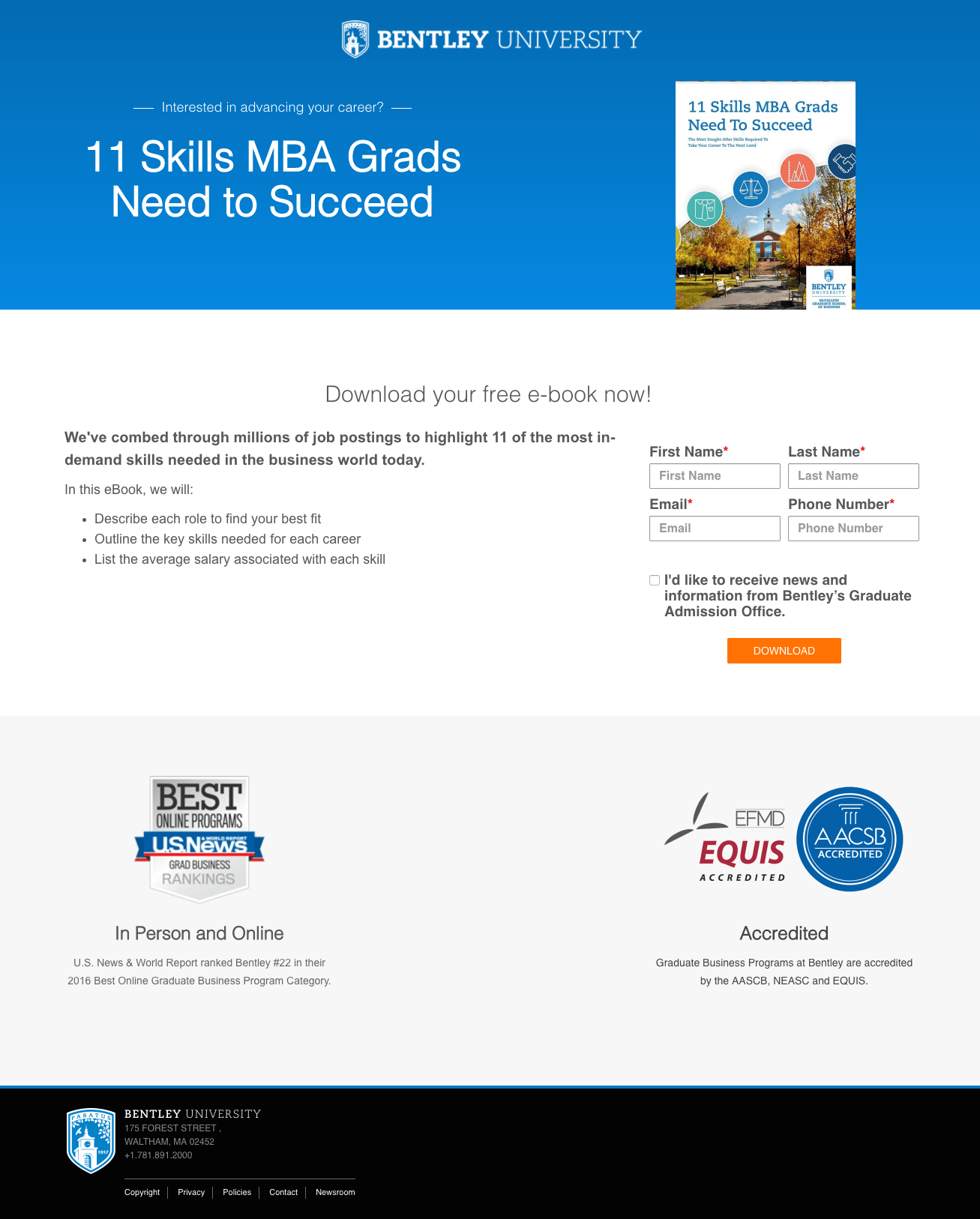 Esta imagen muestra a los especialistas en marketing cómo la Universidad de Bentley utiliza una página de inicio posterior al clic de Instagram para promocionar su libro electrónico sobre las habilidades de MBA para tener éxito en el lugar de trabajo.