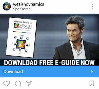 Esta imagen muestra a los especialistas en marketing cómo Wealth Dynamics anuncia su libro electrónico en Instagram.