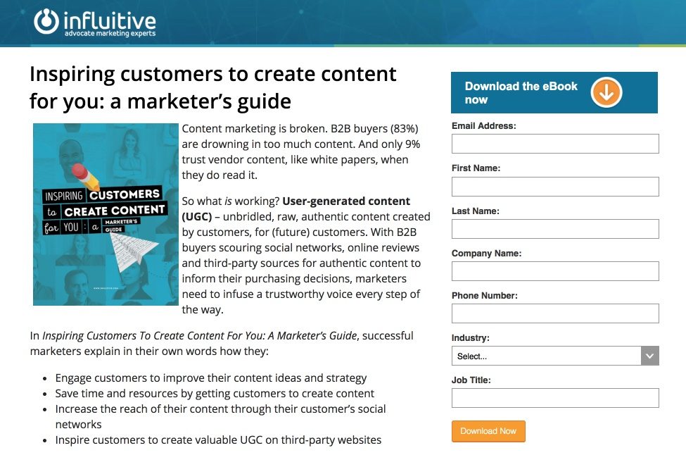 Esta imagen muestra a los especialistas en marketing cómo Influitive usa una página de inicio posterior al clic de Instagram para promocionar su libro electrónico de marketing de contenido.