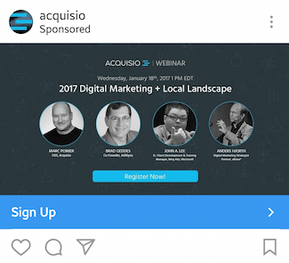 Esta imagen muestra a los especialistas en marketing cómo Acquisio anuncia seminarios web en Instagram.