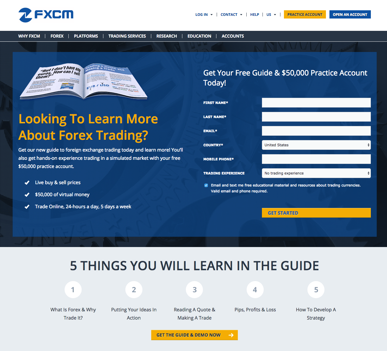 Esta imagen muestra a los especialistas en marketing cómo FXCM utiliza una página de inicio posterior al clic de Instagram para promocionar su guía gratuita de Forex Trading.