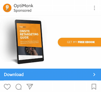 Esta imagen muestra a los especialistas en marketing cómo OptiMonk anuncia su libro electrónico gratuito en Instagram.