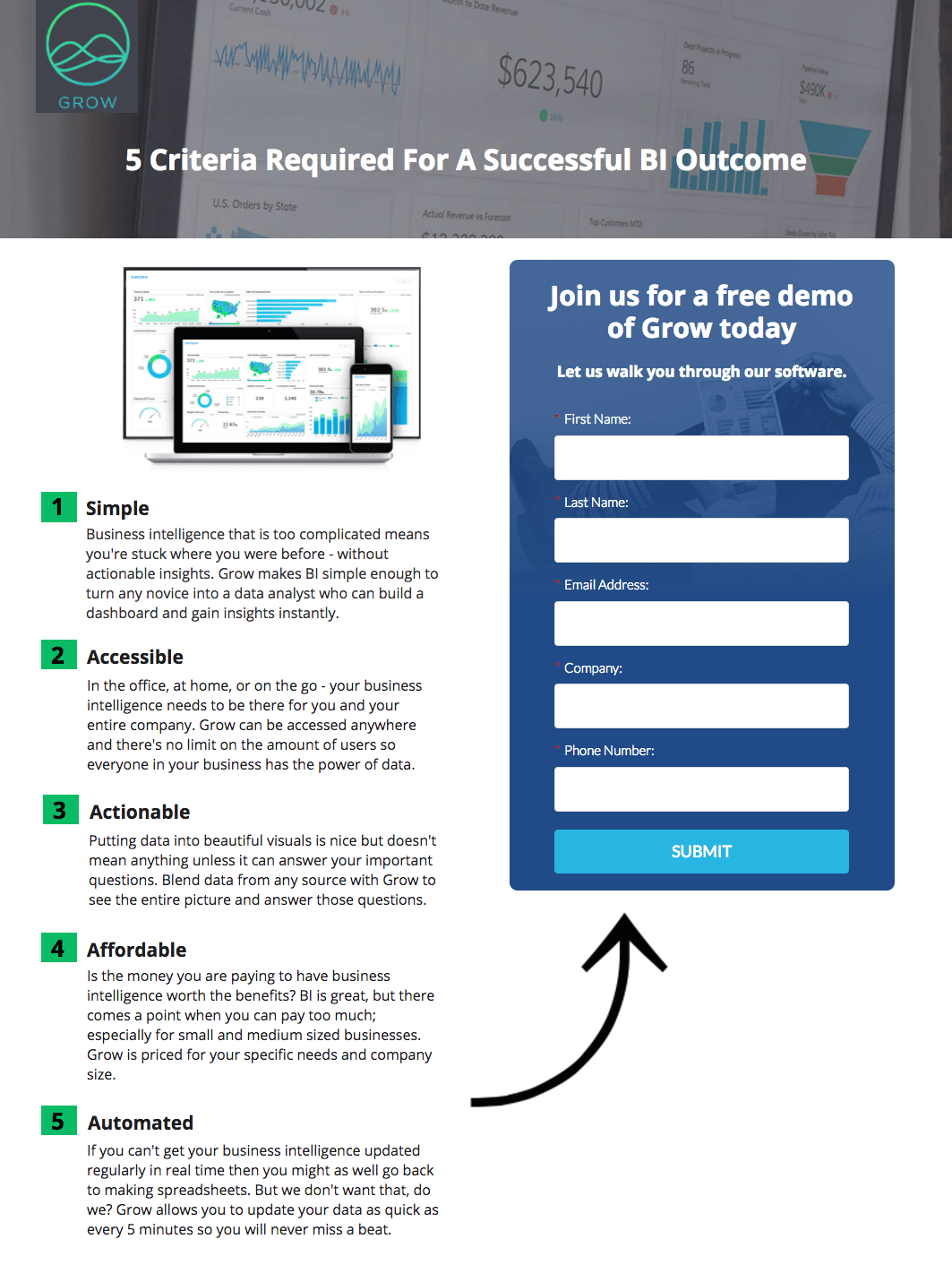 Esta imagen muestra a los especialistas en marketing cómo Grow usa una página de inicio posterior al clic de Instagram para promocionar su demostración de software gratuito.