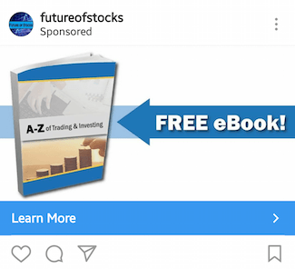 Esta imagen muestra a los especialistas en marketing cómo Future of Stocks anuncia su libro electrónico gratuito en Instagram.