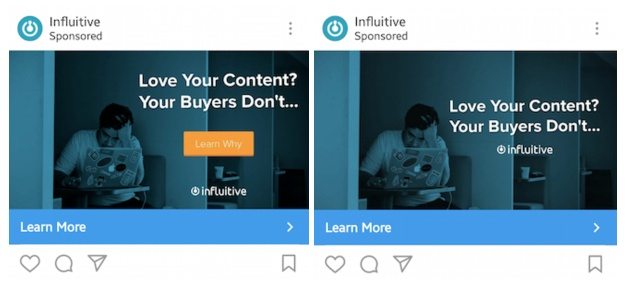 Esta imagen muestra a los especialistas en marketing cómo Influitive A/B prueba sus anuncios de Instagram al promocionar su libro electrónico de marketing de contenido.