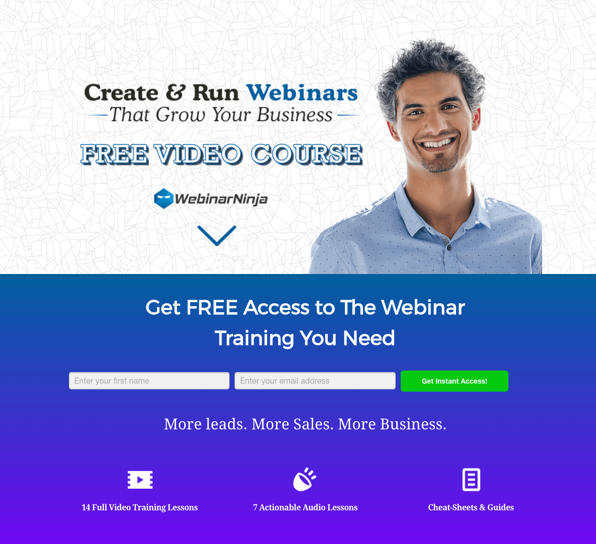 Esta imagen muestra a los especialistas en marketing cómo WebinarNinja utiliza una página de inicio posterior al clic de Instagram para promocionar su curso de video gratuito.