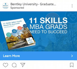 Esta imagen muestra a los especialistas en marketing cómo la Universidad de Bentley anuncia su libro electrónico en Instagram.