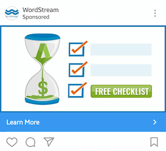 Esta imagen muestra a los especialistas en marketing cómo WordStream anuncia su lista de verificación de PPC en Instagram.