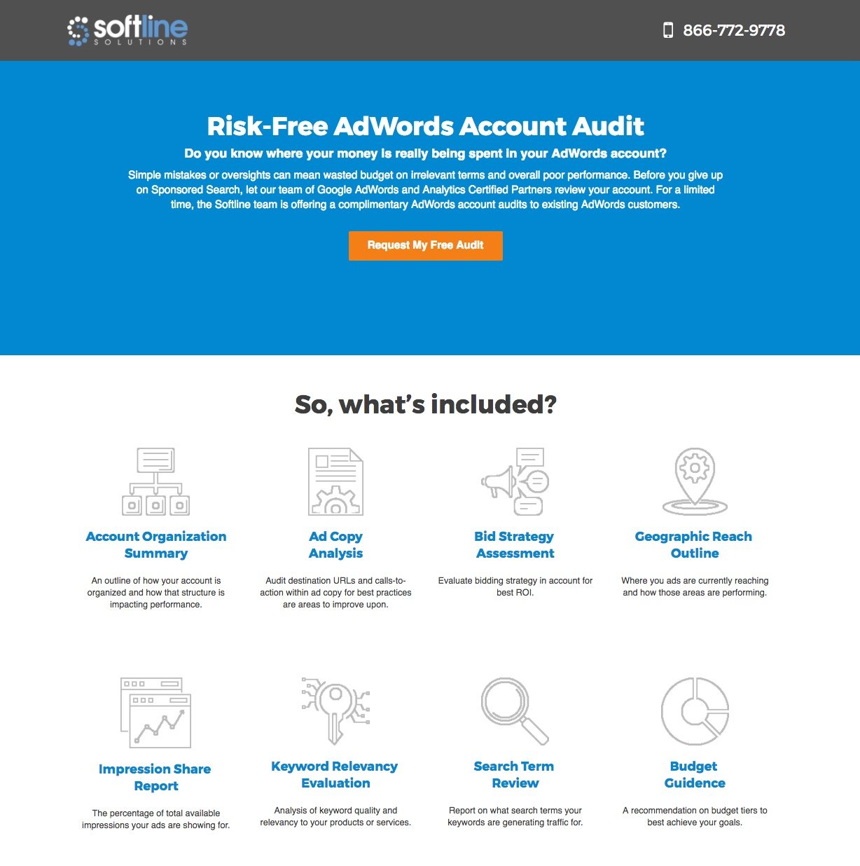 Esta imagen muestra a las agencias de marketing cómo Softline Solutions utiliza una página de destino posterior al clic de la agencia para generar clientes potenciales a partir de su auditoría de cuenta gratuita de Google AdWords.