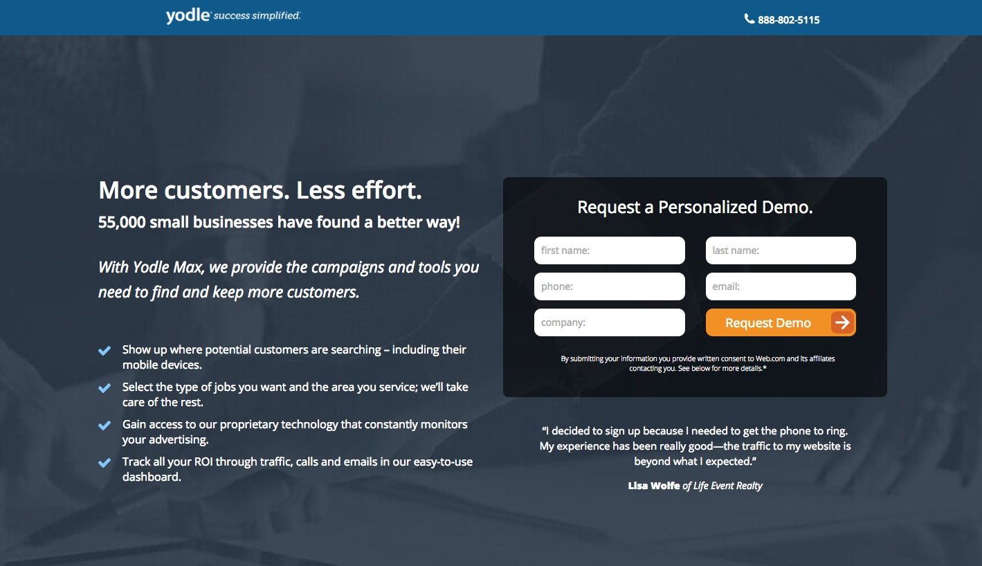 Esta imagen muestra a las agencias de marketing cómo Yodle utiliza una página de destino posterior al clic de la agencia para generar clientes potenciales para su demostración gratuita.