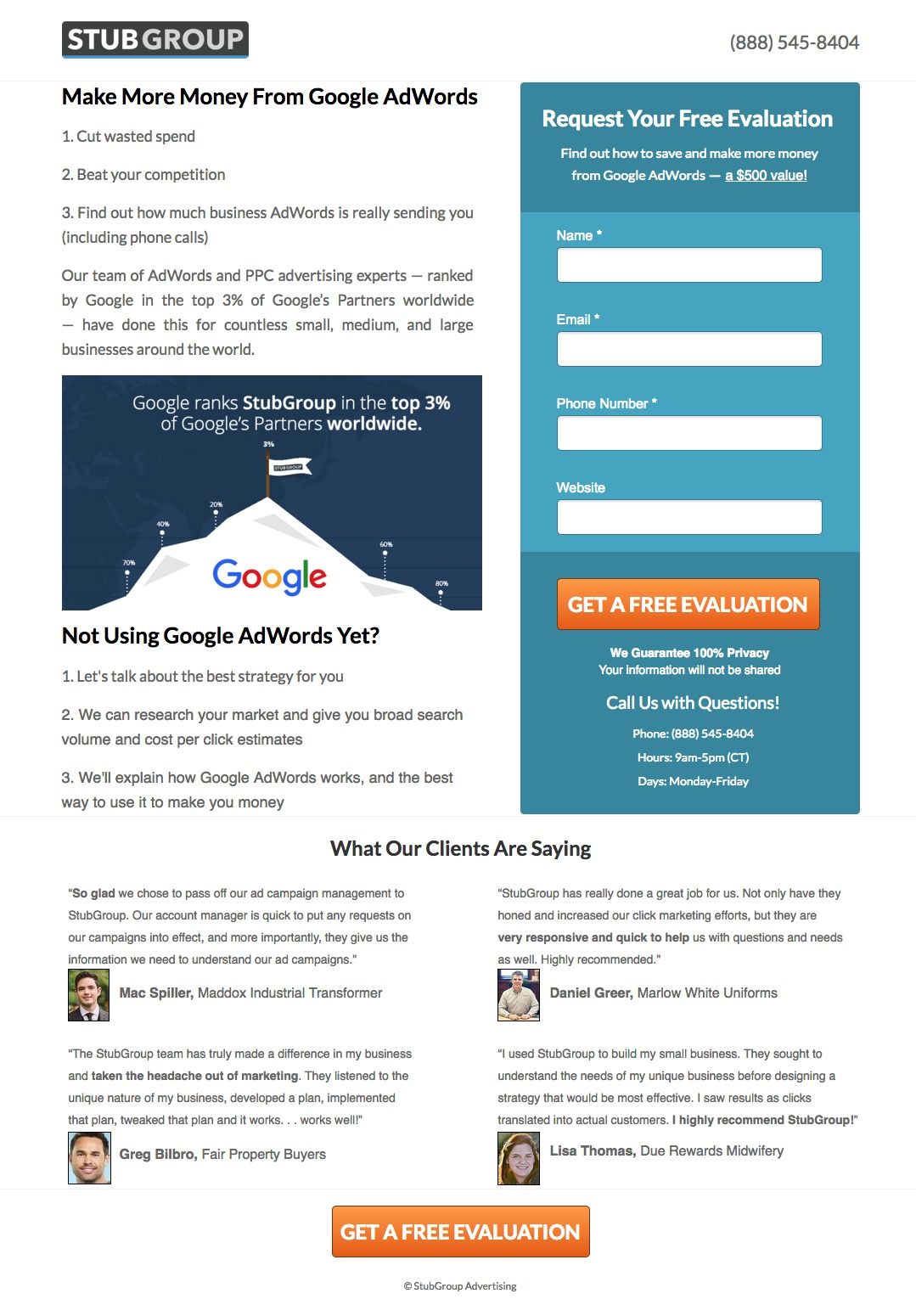 Esta imagen muestra a las agencias de marketing cómo StubGroup utiliza una página de destino posterior al clic de la agencia para generar clientes potenciales a partir de su evaluación gratuita de Google AdWords.