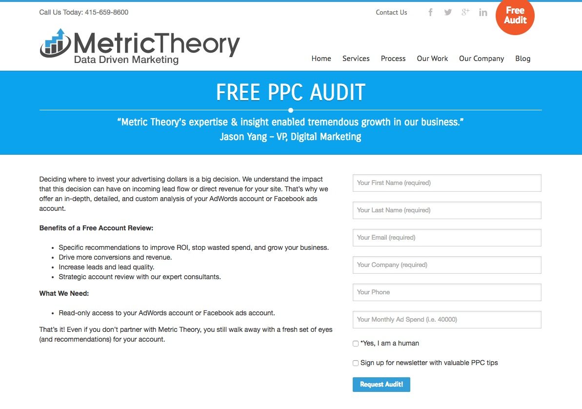 Esta imagen muestra a las agencias de marketing cómo Metric Theory utiliza una página de destino posterior al clic de la agencia para generar clientes potenciales desde su servicio gratuito de auditoría de cuentas de PPC.