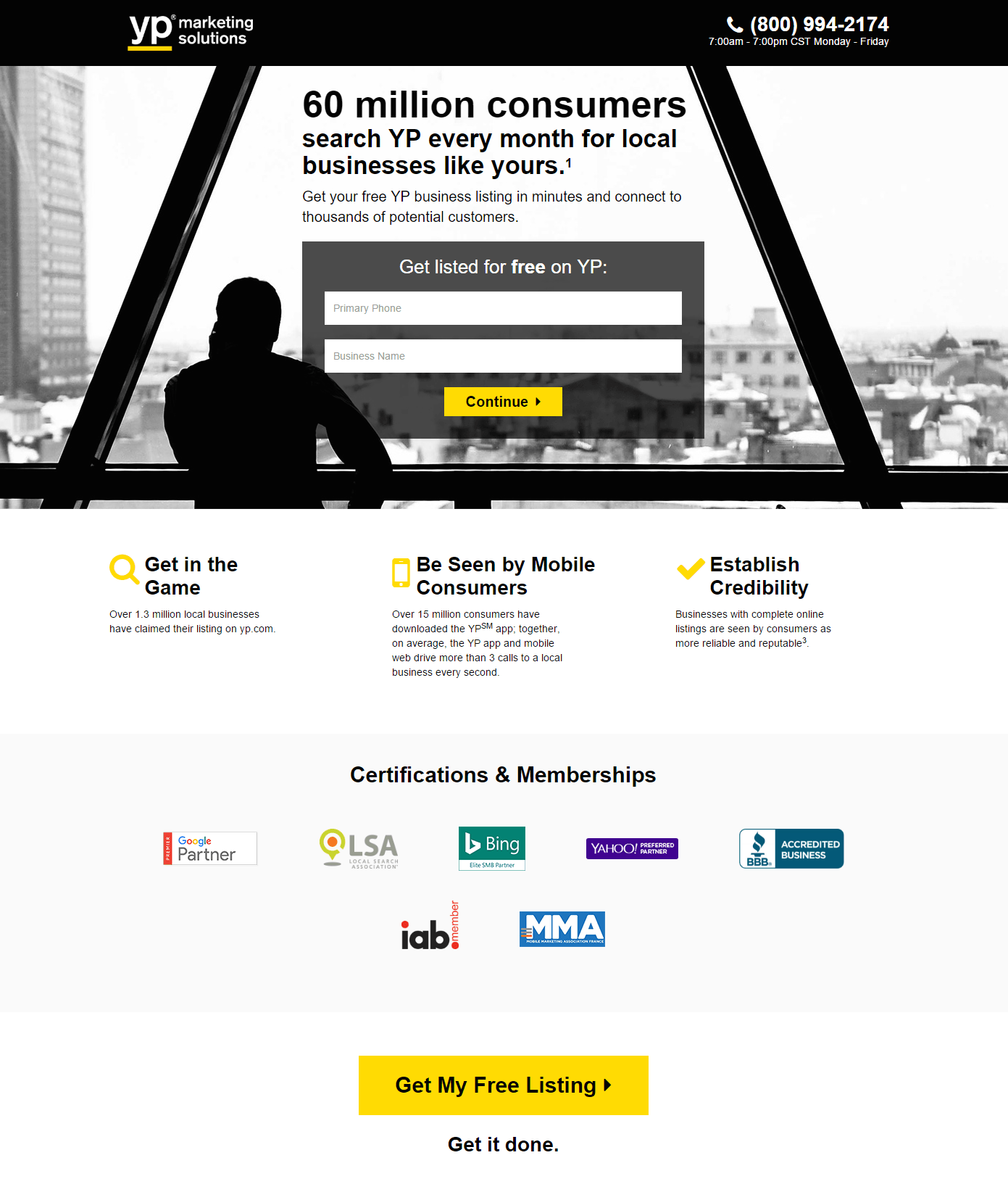 Esta imagen muestra a los especialistas en marketing cómo Yellow Pages usa los espacios en blanco para llamar la atención sobre su botón CTA y crear una lista gratuita.